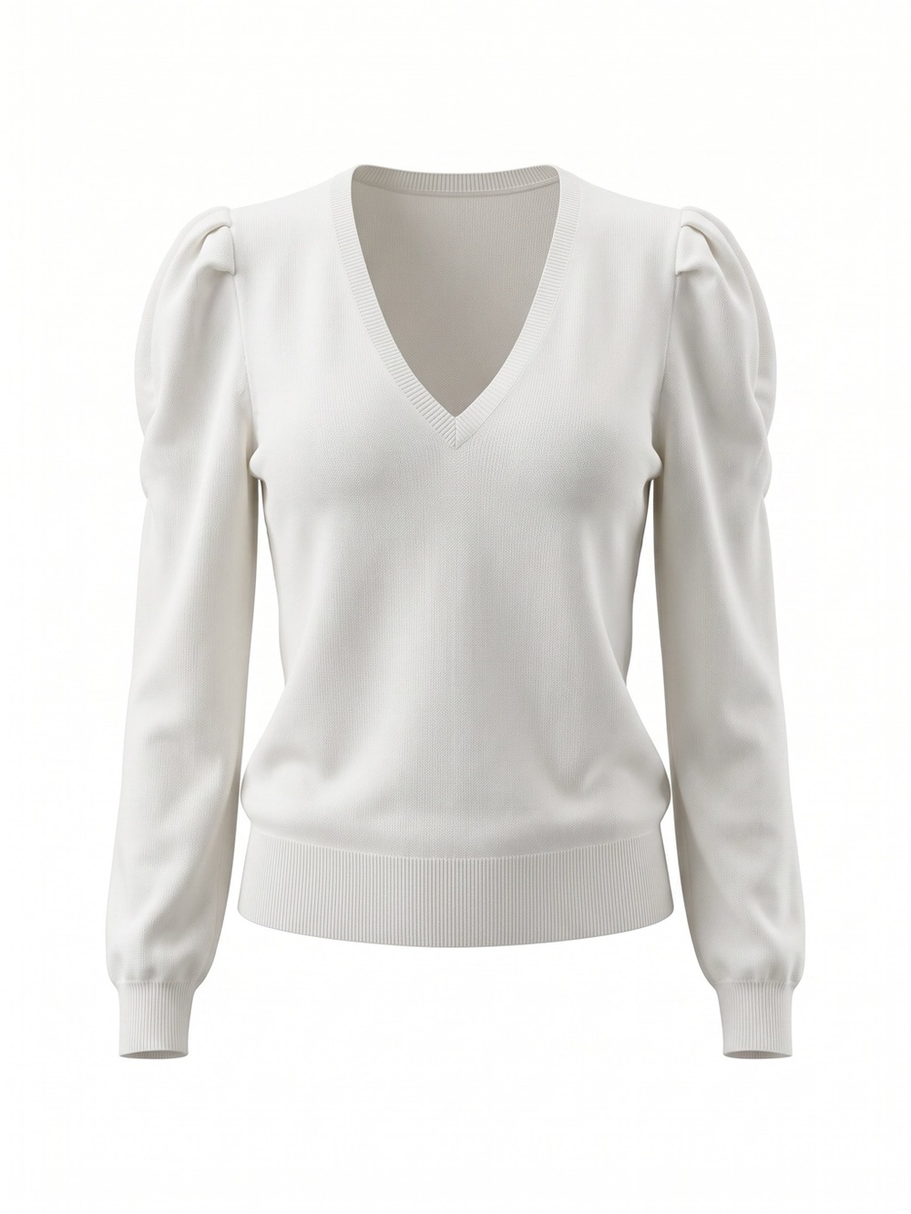 NWT FRAME Wool Cashmere Blend Ruched Puff Sleeve V-Neck Sweater Off White L